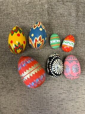 7 Vintage Hand-Painted Multicolor Handcrafted Wooden Easter Eggs.